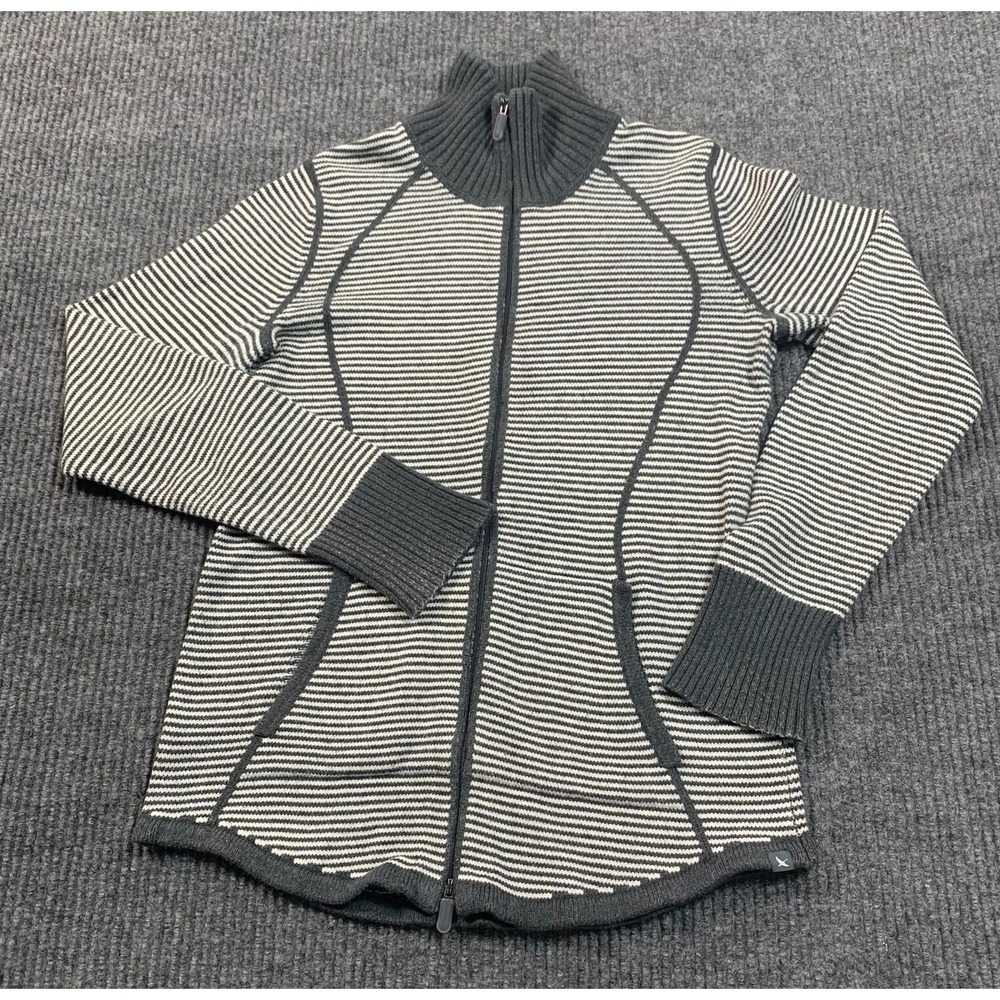 Eddie Bauer Sweater Womens XS Gray Striped Full Zip Pockets Mock Outdoors Hiking